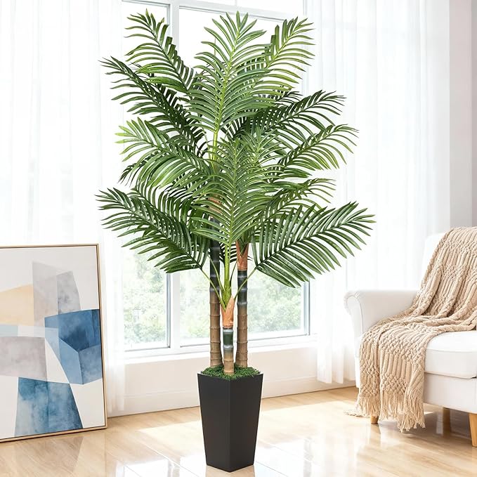 6ft Artificial Palm Tree Indoor Plant，Triple Faux Tropical Areca Floor Plant in Pot，Artificial Plants with Lifelike Leaves for Home Office Decor