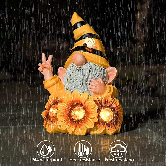 Joint Honglin Garden Sculptures & Statues Resin Summer Bee Gnome with Sunflower, Outdoor Funny Decoration Solar Light Figurine Gifts for Yard, Patio Decor for Mom