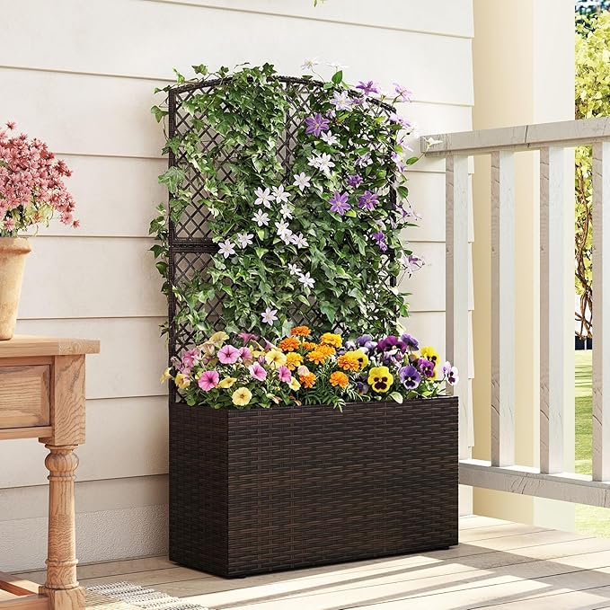 HAPPYGRILL Raised Garden Bed with Trellis, Wicker Planter Box w/Privacy Screen, Liner, Drainage, Outdoor PE Rattan Elevated Garden Bed for Climbing Plant Vine Flower (1, Brown, 29" x 11" x 49")