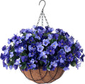 INXUGAO Artificial Hanging Flowers with Basket Outdoor, Fake Hydrangea UV Resistant Arrangements in Pot Planter Spring Summer Decor for Indoor Porch Garden Yard (Double Blue)