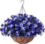 INXUGAO Artificial Hanging Flowers with Basket Outdoor, Fake Hydrangea UV Resistant Arrangements in Pot Planter Spring Summer Decor for Indoor Porch Garden Yard (Double Blue)