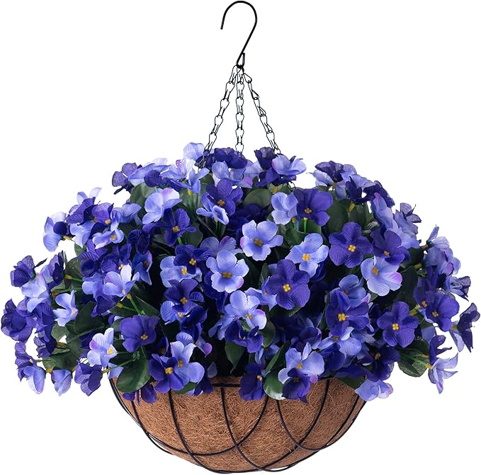 INXUGAO Artificial Hanging Flowers with Basket Outdoor, Fake Hydrangea UV Resistant Arrangements in Pot Planter Spring Summer Decor for Indoor Porch Garden Yard (Double Blue)