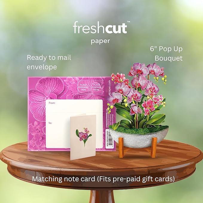 Freshcut Paper Pop Up Cards, Mini Orchid Oasis, 6 Inch Mini Sized Forever Flower Bouquet 3D Popup Greeting Cards, Birthday Card, Get Well Gifts, Blank Notecard & Envelope
