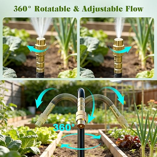 Drip Irrigation System for Garden, Automatic Watering System with Adjustable 360° Copper Spray Nozzles, DIY Drip Irrigation Kit for Yard, Lawn, Greenhouse, Raised Beds & Potted Plants (20FT)