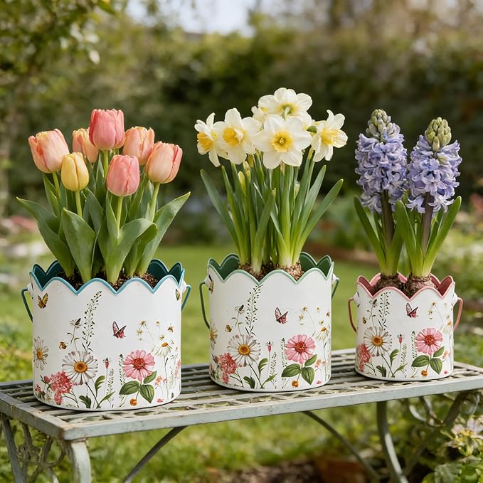 3-Piece Vintage Floral Metal Bucket Set, Scalloped Edge Multi-Size Planters for Flowers & Easter Egg Containers, Rustic Garden & Home Decor with Reinforced Metal Handles, Indoor & Covered Outdoor Use