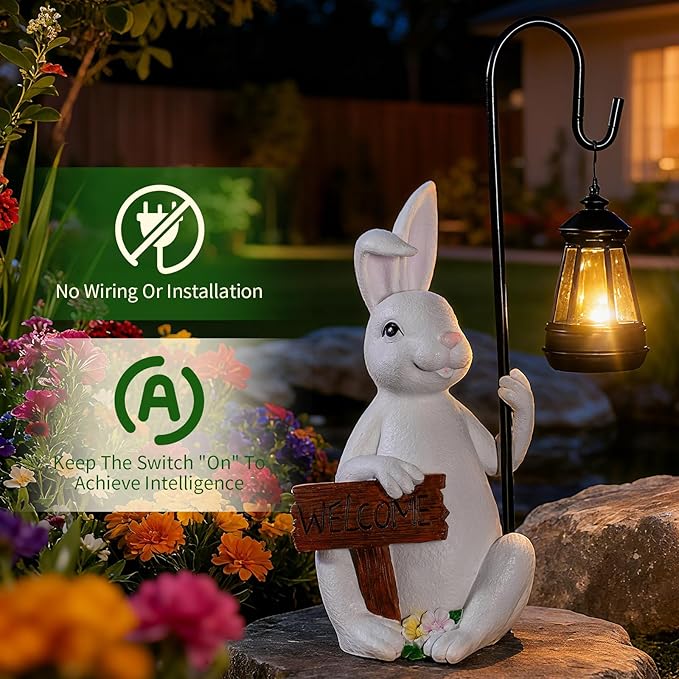Rabbit Statues Solar Lantern Waterproof Light Resin Statue for Outside Balcony Garden Decor for Outside Gift for Grandma Women (Rabbit Lantern White)
