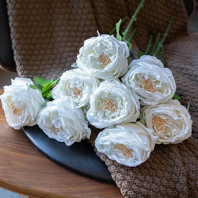 DUYONE White 4pcs Fake Flowers for Decoration Home Decor Artificial Flowers Austin Rose Peony Latex Fake Flower Living Room Decoration Vivid Pink Roses Peonies(White 4pcs)