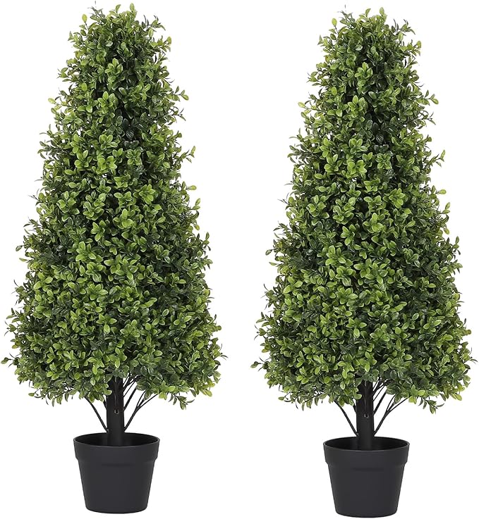 3ft Artificial Boxwood Topiary Trees (Set of 2) - UV Resistant Faux Plants Outdoor, Realistic 36" Fake Cone Bushes and Shrubs for Front Porch, Planter, Patio, Evergreen