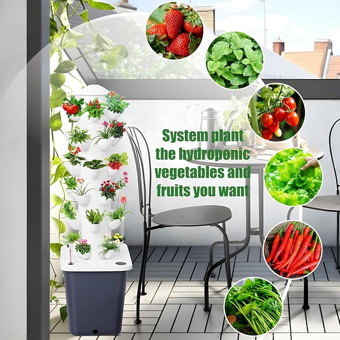 Vertical Hydroponics Garden Tower, 30-Plant Hydroponic Growing System with 10L Tank, 6 Layers Vertical Planter Towe Hydroponic Tower Garden, Automatic Watering for Home Indoor Gardening System White