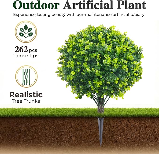PATIO CHOICE Topiary Trees Artificial Outdoor Boxwood Ball Trees with Ground Spike Set of 2 22" Fake Outdoor Plants Faux Bushes and Shrubs Decorations for Outdoor Indoor Front Porch Garden