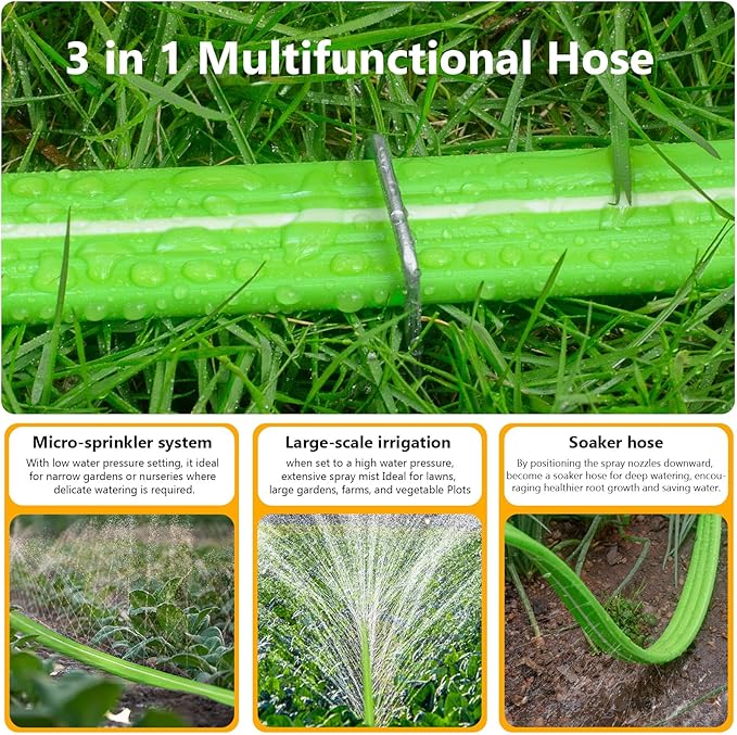 Heavy Duty Sprinkler Soaker Hose 15 FT, Flat Garden Hose with Holes, Efficient Flexible Irrigation Hose for Yard, Lawn and Garden, Includes Stakes