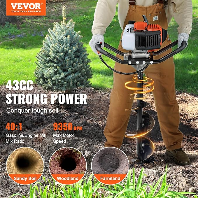 VEVOR Post Hole Digger, 43cc 1250W Auger Post Hole Digger, Gas Powered Earth Digger with 8" Earth Auger Drill Bit, 30 inch Long Alloy Steel Auger, for Farmland, Garden and Plant, EPA Certification