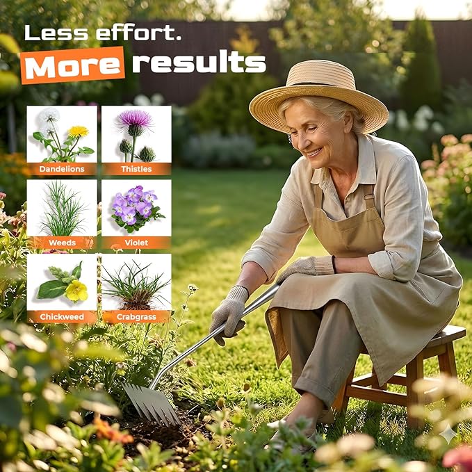 LOOHOI Upgraded Weed Puller Tool, 4-Tooth Stainless Steel Manual Weeder, Garden Weed Remover Tool for Vegetable Gardening Backyard Farm Planting & Weeding