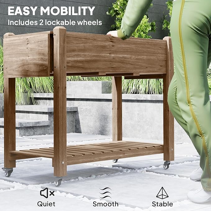 Outsunny Raised Garden Bed, 57 x 20.5 x 34 in Wood Elevated Planter Box with Lockable Wheels, Side Tables and Bottom Shelf, Outdoor Raised Planter with Bed Liner and Drainage Holes, Carbonized