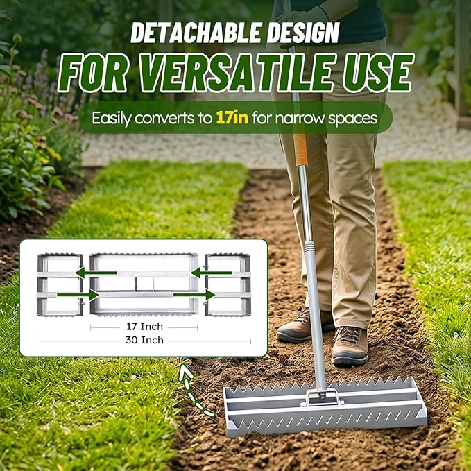 Lawn Leveling Rake 2.0, 2-in-1 Double-Sided Landscape Leveler with 20 Marking Flags for Low Spot, Heavy Duty Stainless Steel Flat & Serrated Side for Soil Sand Gravel, Yard Garden Golf Course 30"×10"
