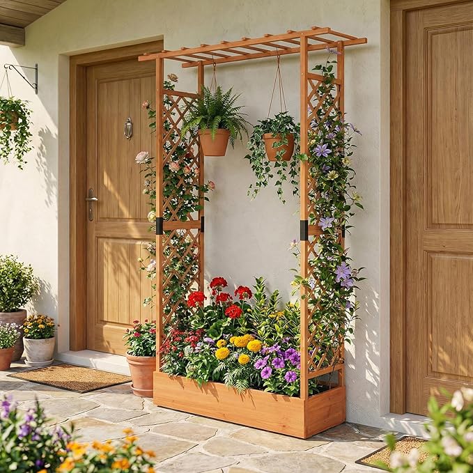 BECOMFORT Raised Garden Bed with Trellis & Hanging Roof, 89" Tall Fir Wood Planter Box with Drainage Holes, Outdoor Elevated Garden Planter for Climbing Vines, Perfect for Patio, Lawn & Backyard