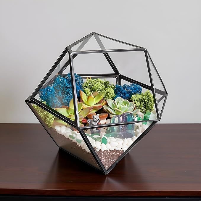 Creations by Nathalie DIY 7" Geometric Terrarium Kit - Build Your Own Glass Terrarium for Adults & Teens with Moss, Crystals, Tools & Decorative Figurine - Mini Ecosystem (Plant Not Included)