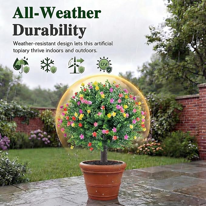 PATIO CHOICE Topiary Trees Artificial Outdoor Boxwood Ball Trees with Ground Spike Set of 2 22" Fake Outdoor Plants Faux Bushes and Shrubs Decorations for Outdoor Indoor Front Porch Garden
