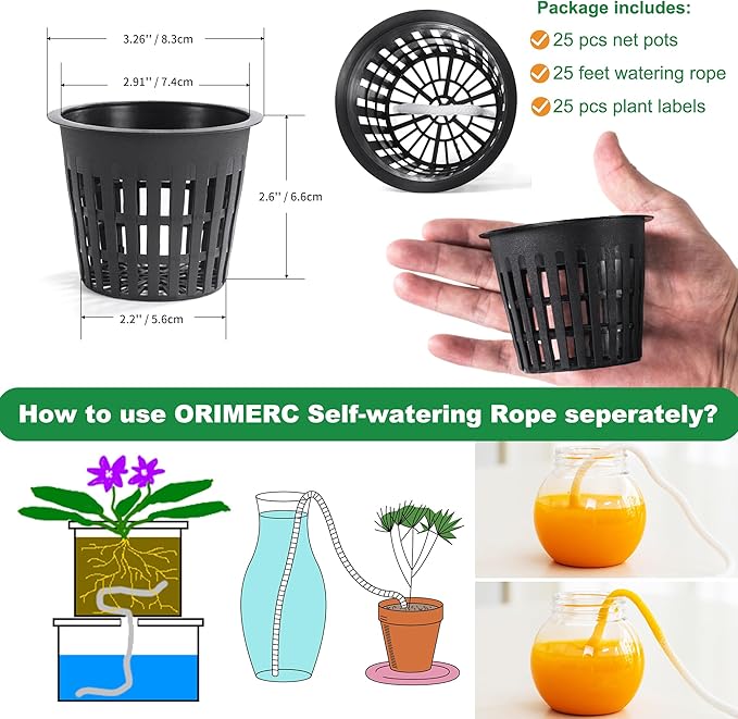 ORIMERC 25 Pack 3 inch Net Cup Pot with 25 feet Hydroponic Self Watering Wick & 25 Pcs Plant Label Aquaponics Mason Jar Insert Orchid Rimmed Netted Basket Slotted Mesh Garden kratky Growing Vegetable