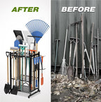 Sttoraboks Garden Tool Organizer Rack Up to 50 Tools, Heavy-Duty Steel Yard Tool Organizer for Garage Storage with 11 Hooks, Broom Holder & Garden Tool Rack for Shed, Patio, Outdoor Use, Black
