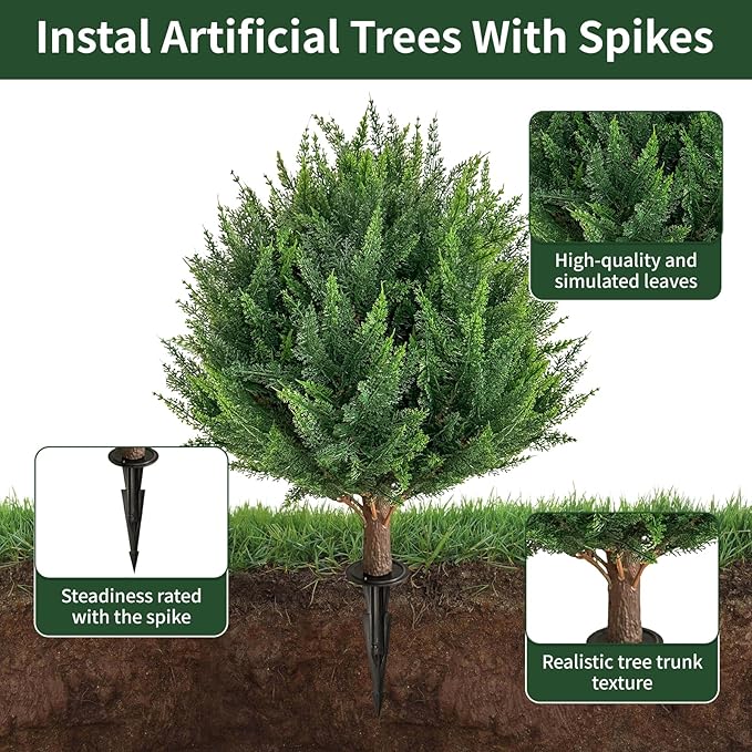 24.5”Artificial Cedar Topiary Ball Tree Set of 2 with Ground Spikes, UV Resistant Artificial Bushes Fake Plants for Home Front Door Offices