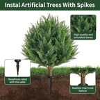 24.5”Artificial Cedar Topiary Ball Tree Set of 2 with Ground Spikes, UV Resistant Artificial Bushes Fake Plants for Home Front Door Offices