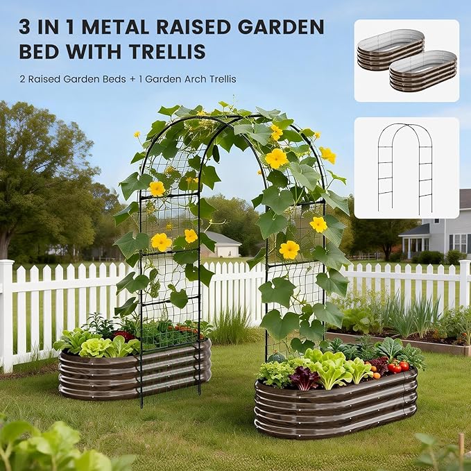 3 in 1 Galvanized Raised Garden Bed with 87" H Arch Trellis for Climbing Plants, Outdoor Gardening Planter Box with Climbing Net for Flower Vegetables Fruits Herbs, Wood Grain