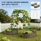3 in 1 Galvanized Raised Garden Bed with 87" H Arch Trellis for Climbing Plants, Outdoor Gardening Planter Box with Climbing Net for Flower Vegetables Fruits Herbs, Wood Grain