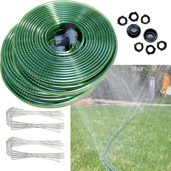 2026 Reinforced Sprinkler Hose & Soaker Hose for Yard - 100FT (50ft*2) Flat Garden Hose with Holes, Heavy Duty No-Kink Lawn Irrigation Hose (Includes Stakes, High Pressure Spray)