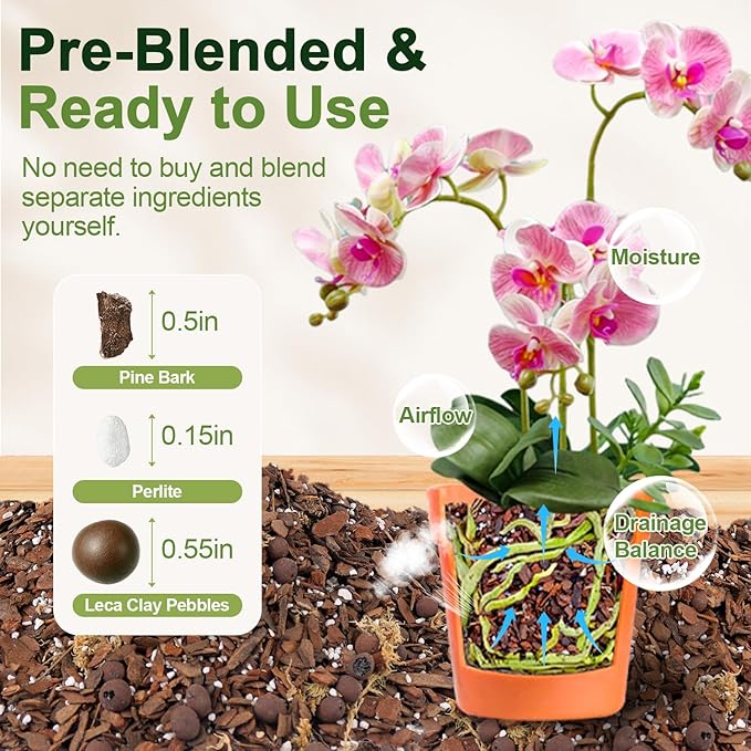Orchid Bark Potting Mix 29 Quart, Mix Pine Bark,Perlite, Sphagnum Moss and Clay Pebbles for Plants, Orchid Garden Soil for Potting,Repotting