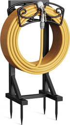 Garden Hose Holder Stand, Freestanding Metal Water Hose Storage Rack with Hooks for Outside Yard Lawn, Heavy Duty
