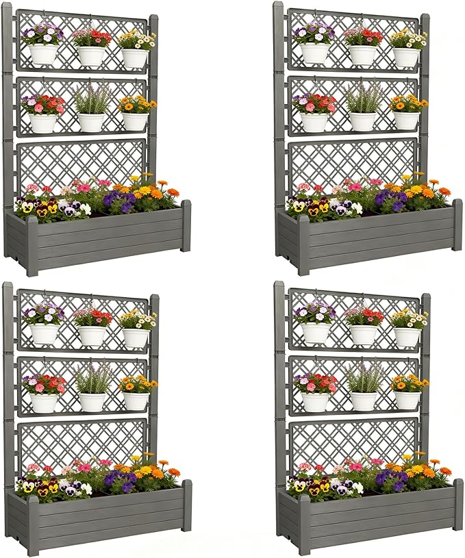 5' Tall Raised Garden Bed with Trellis, Self Watering Planter Box for Outdoor Climbing Plants Resin Garden Lattice for Vegetables, Flowers, Tomato & Vine with Drainage Holes (Coffee, 4 Pack)