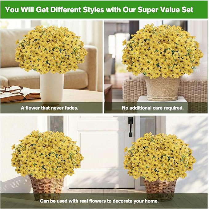 Artificial Flowers Fake Plants for Outdoors Spring Decoration, 13Bundles Silk Realistic UV Resistant Faux Flowers for Outside Planter Porch Yard Patio Garden Home Indoor, Yellow
