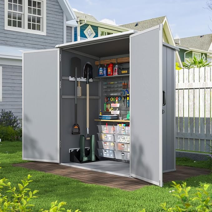 Aoxun 5x3 FT Outdoor Storage Shed, Plastic Resin Garden Shed with Floor for Patio, Lawn, Outdoor Storage Cabinet with Lockable Door for Bike, Tools, Garbage Can, Grey