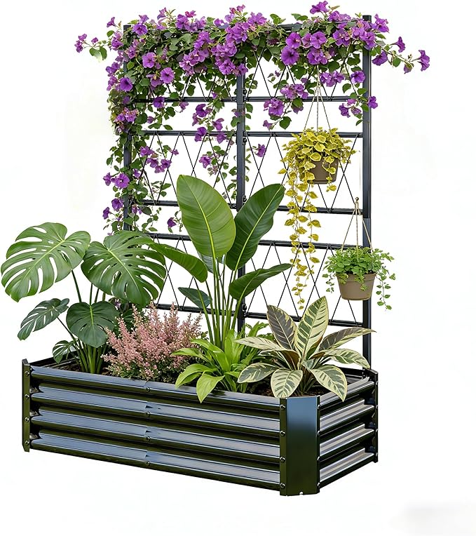 Galvanized Raised Garden Bed with Trellis for Climbing Plants Outdoor,Metal Vertical Garden Planter Box for Patio,Heavy Duty Elevated Garden Bed for Vegetables Tomatoes Cucumbers Flowers Herbs,Black