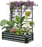 Galvanized Raised Garden Bed with Trellis for Climbing Plants Outdoor,Metal Vertical Garden Planter Box for Patio,Heavy Duty Elevated Garden Bed for Vegetables Tomatoes Cucumbers Flowers Herbs,Black
