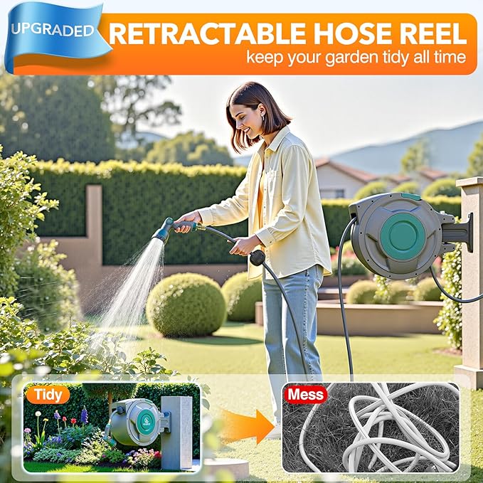 5/8" x 100 ft Retractable Garden Hose Reel, Heavy Duty Water Hose Reel Wall Mounted, Any Length Lock, 180°Swivel, Water Hose with 10-Function Nozzle for Cleaning, Watering (Green)