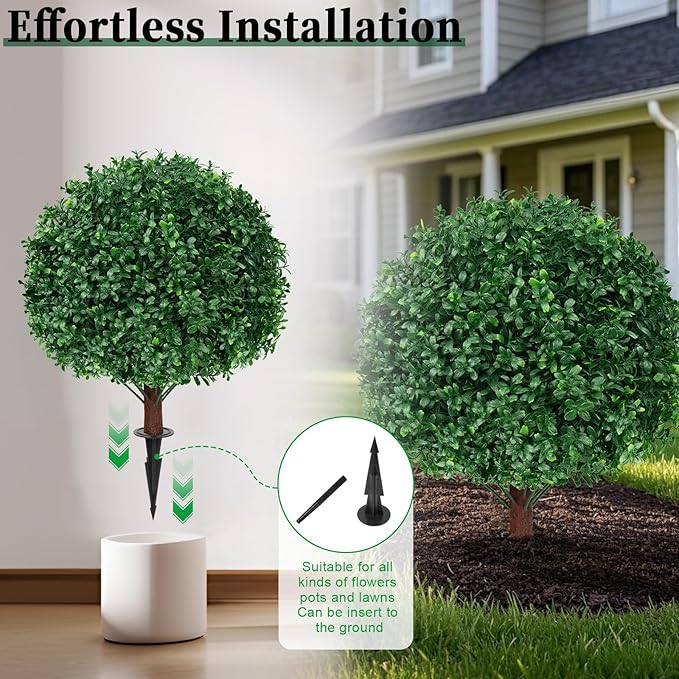 2Pack Artificial Boxwood Topiary Ball Trees, 16'' UV Resistant Fake Evergreen Shrubs Bushes Plants with Ground Spike, Fake Plants for Outdoor Indoor Front Porch Garden
