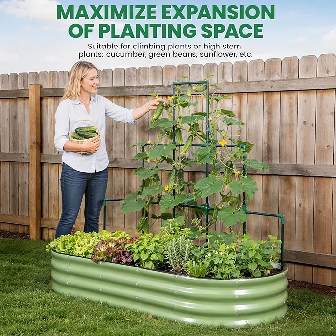 Galvanized Raised Garden Bed with Wall Trellis | 6x3x1FT Metal Raised Garden Beds Outdoor for Gardening Climbing Plants | Planter Box Outdoor with Gloves for Vegetable Flower, OliveGreen