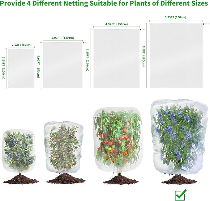 Garden Mesh Netting with Drawstring,Plants Cover Protection from Anti Birds,Bugs,Cicadas,and Insects-Pest Barrier Bag for Blueberry Bushes,Citrus,Tomatoes,Vegetables,Fruit Tree and Orange