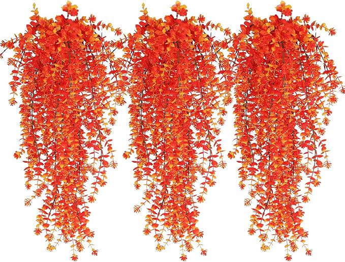 RECUTMS Artificial Hanging Plants Fall Faux Eucalyptus Leaf Fake Hanging Plants Fall Hanging Vines Artificial Flowers Faux Autumn Plants for Thanksgiving Indoor Outdoor House Wedding Party(Gold)