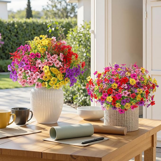 SHareconn 48 Bundles Artificial Flowers for Outdoors Decoration, Faux Plants Fake Silk Colorful Daisy Eucalyptus Lavender, UV Resistant for Outside Home Porch Patio Indoor Spring Decor, Mix 5 Colors