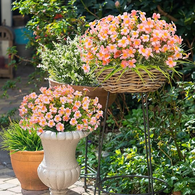 36pcs Faux Plants Outdoor, Uv Resistant Artificial Plants Outdoor Fake Flowers Plants Plastic Greenery Shrubs for Outside Window Box Garden Patio Porch Home Decor (Mixed Pink)