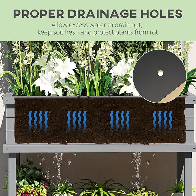 Outsunny Raised Garden Bed with Trellis for Climbing Plants, Vegetable, Grape Vines, Elevated Planter Box with Legs, Drainage Holes and Filter for Outdoor Garden, Patio, Gray
