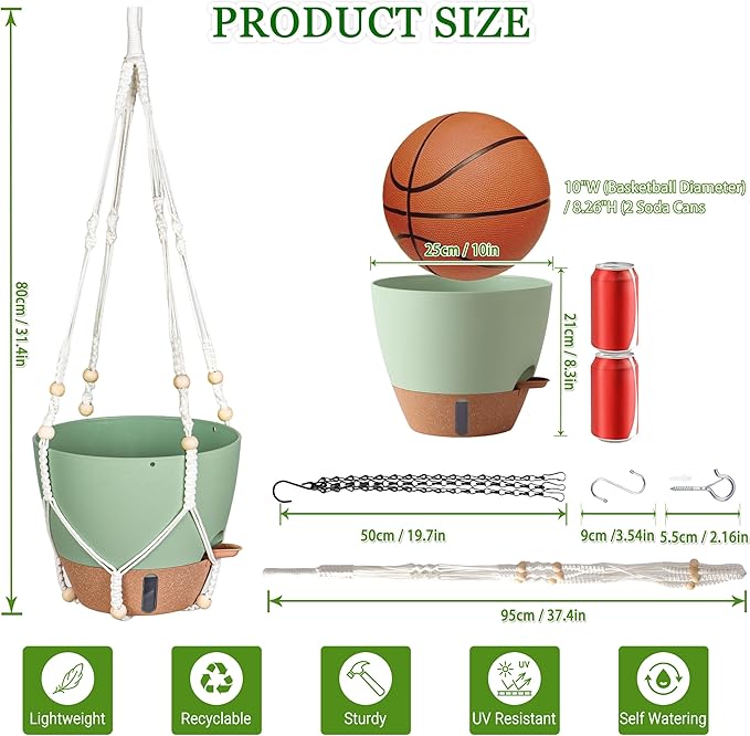 10 Inch Hanging Planters for Indoor Plants, 2 Pack Self Watering Hanging Baskets Flower Pots with Drainage Hole, Visual Reservoir & 2 Kinds of Plant Hanger for Home Decor(Green)