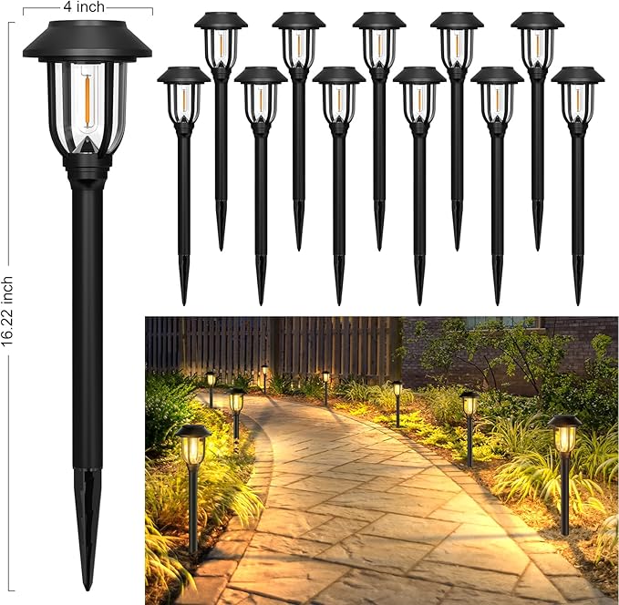ILANCK Solar Pathway Lights Outdoor,12 Pack Solar Lights Outdoor Waterproof, Warm White Auto On/Off LED Solar Powered, Garden Landscape Lighting for Yard Walkway Driveway Path Decorative