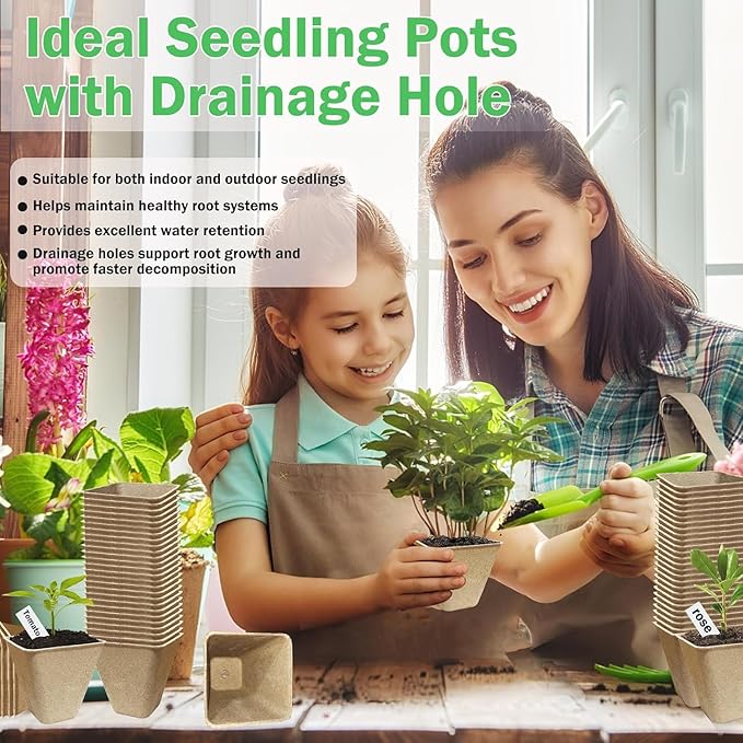122-Pack 3.15 inch Square Peat Pots for Seedlings with 100 Labels, Biodegradable Nursery Pots with Drainage Holes for Plants