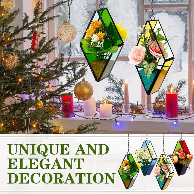 Hushee 4 Pcs Stained Glass Hanging Plant Terrariums Hanging Glass Planter Air Plant Holders with Chain for Window Christmas Home Decor Gifts for Mom Women, 7.87 x 3.94 x 1.97 Inch(Bright Color)