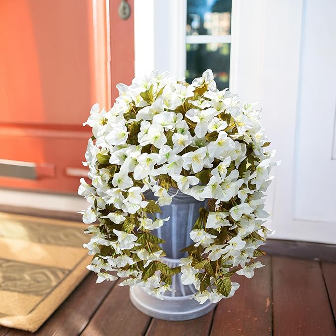 HyeFlora Bougainvillea Artificial Hanging Flowers Plants for Outdoors Decoration, 2pcs Faux Bougainvillea Vines White Fake Flowers Realistic UV Resistant Silk Flowers for Outside Planter Yard Gardens