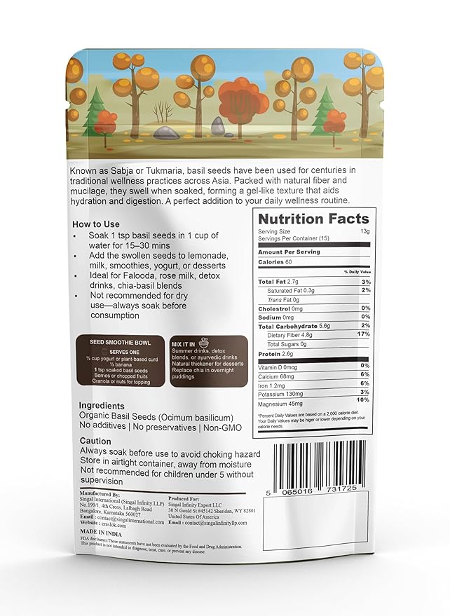Raslok Basil Seeds (Sabja/Tukmaria) 7 oz | Natural Body Coolant & Fiber-Rich Superfood | Aids Digestion & Hydration | Non-GMO, Vegan, Gluten-Free | Resealable Pack